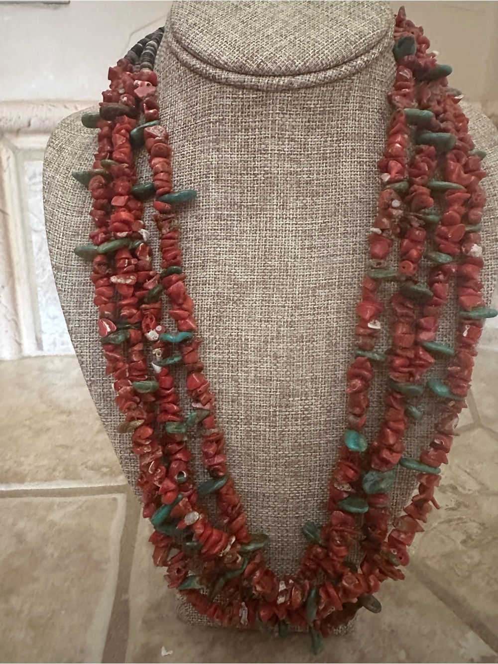 Navajo Made Multi-Strand Natural Coral and Kingman Turquoise Necklace